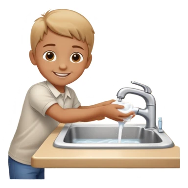 child washing hands at a sink, smiling, food on table in background sticker