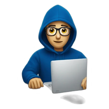 Adult with glasses with a dark blue hood behind his computer and focus on his code  sticker