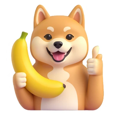 shiba inu showing thumb up and having banana sticker