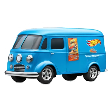 Side-on shot, Hot wheels, Hot rod, large panel van truck,1970 with exposed chrome exhaust pipes, blue, large wheels in back, large logo on the side Stinky’s Diaper Cleaner, sticker