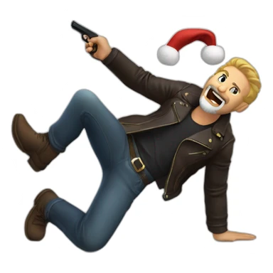 biff wiff santa beard wearing a leather jacket (full body, ios17)strandling a man and holding a pistol pointing it down at the head of a man laying on the ground sticker