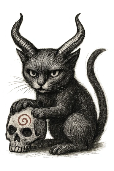 Make the black cat with demon horns and skull less cartoonish, more realistic hand drawn style, dynamic outlines, no fill, preserve the red spiral on the skull, transparent background. sticker