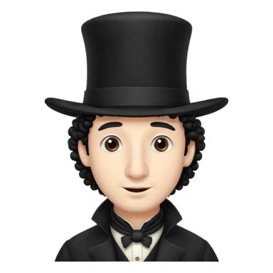 A man with a big nose and a black hat like a top hat but round and all black, with a strand of curly hair coming out from both sides of the hat, the strand of hair should be long and just 1 hair  sticker