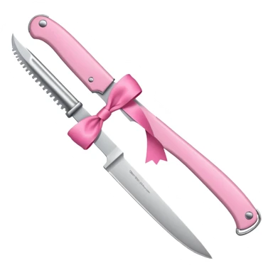 Only one object: a kitchen knife. A pink ribbon bow is tied directly on the knife handle. No other items. No decorations. Minimal emoji style. White background. Flat vector. sticker