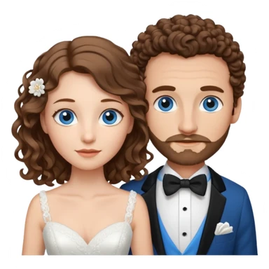 wedding couple, woman has long lightly curled brown hair and blue eyes, man has short light brown curly hair and facial hair with blue eyes sticker