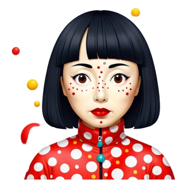 Yayoi Kusama – Cinematic Realistic Portrait of Yayoi Kusama, depicted as an avant-garde artist with an eccentric, captivating expression surrounded by her iconic polka dot patterns, rendered with vivid textures and imaginative lighting that evokes her unique, surreal creative world. sticker