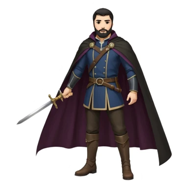 
Hombre de unos 30-40 años, alto, fuerte..
Rostro anguloso, barba bien recortada, cejas marcadas, mirada dura y orgullosa.
Castaño oscuro o negro, peinado hacia atrás.
Ropa de noble — chaqueta ajustada, capa corta, botas altas y espada al cinto. Colores oscuros (rojo vino, negro, granate) sticker