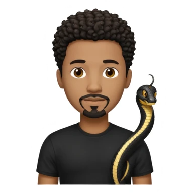 Homme noir de peau,  yeux marron avec un bouc sans la moustache, cheveux noir court et bouclé crépus avec un dégradé sur le côté, avec un cobra à côté , t-shirt noir  sticker