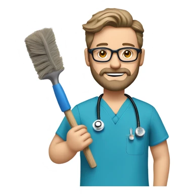 male dark blond haired doctor with grey van dyke beard with hazel eyes and small wire-rimmed glasses in blue scrubs holding a large paintbrush and jigsaw sticker