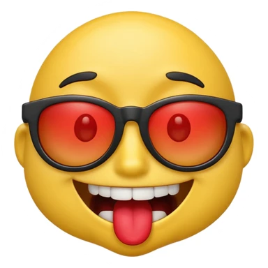 3D emoji character with bright yellow face, wide open smile showing white teeth and red tongue, raised brown eyebrows, and black sunglasses, rendered in a playful and glossy style on transparent background sticker