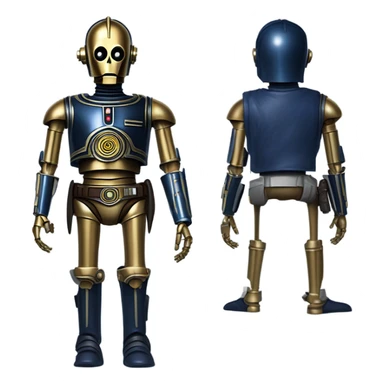 tough well-equipped jedi first order life-sized darkblue-pearl C3po as a friendly bounty hunter droid wearing a leather clothing old west duster coat holding light saber sticker