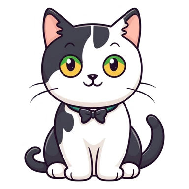 Female Tuxedo domestic short hair, more white than black similar to a cow, green/gold eyes sticker