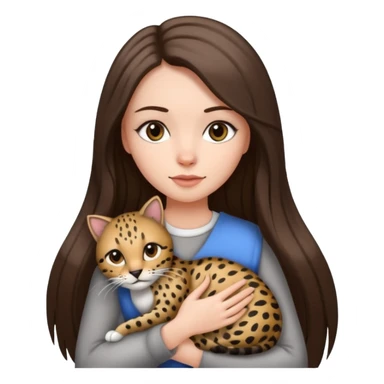 a white girl with brunette long straight hair holding a grey cat. the grey cat has black lines and cheeta prints in its fur. sticker