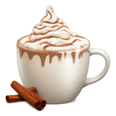 beige mug of hot chocolate with whipped cream and cinnamon sticker