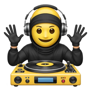 Make a customized yellow head emoji with hands and holding a dj turn table  in a  ninja face mask sticker