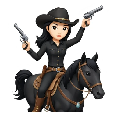 confident Asian woman with long black hair wearing black outfit riding a horse cowgirl style with a pistol sticker