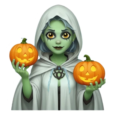 female orc ghost emoji, green skin, tusks, gentle smile, wearing flowing white ghost cloak with black eye holes, holding pumpkin lantern, faint glowing blue mist, Halloween fantasy, smooth Apple emoji style, white background, square sticker