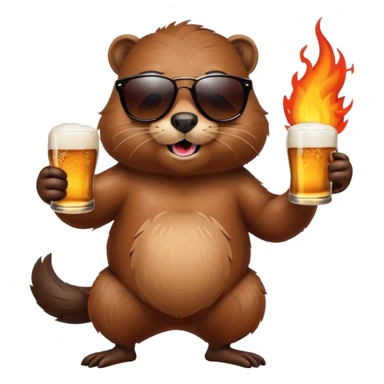 Beaver with sunglasses dancing and drinking beer. There is fire in background. sticker