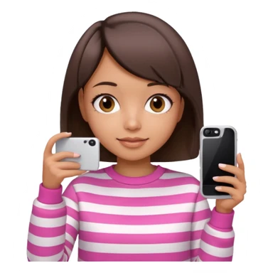 Emoji of a cute 3D girl with short dark brown bob hairstyle, wearing a pink and white striped sweatshirt. She is holding a phone and taking a selfie, white background.

 sticker