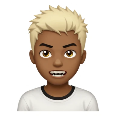 Black Male Teenager with Short punk messy blonde hair, Dark brown bushy eyebrows large expressive golden-brown eyes, wearing a plain white t-shirt, Dark Brown skin color. vampire tooth sticker