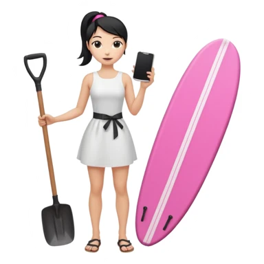 Princess who wearing white dress (woman) black ponytail hair holding her cellphone and  one garden shovel with another hand. She is standing on her feet, there is one pink surfing board. sticker