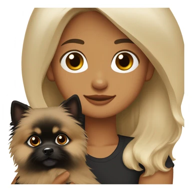 blonde girl, medium-length hair, gray eyes holding a black and tan Pomeranian Spitz in her arms sticker