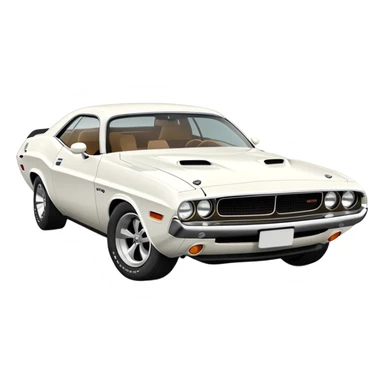 White 1971 Dodge Challenger with consistent proportions, accurate three-quarter view at 30 degrees, showing front grille, headlights and side profile in correct perspective, all white, iOS emoji style sticker