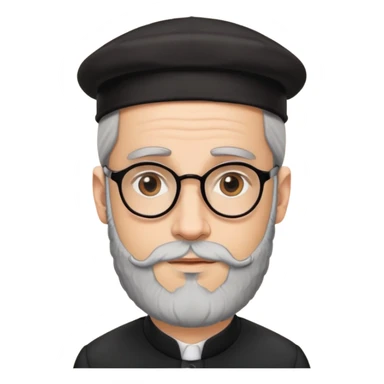 Jewish man with stereotypical features, beard, glasses, black hat, payot, wearing a kippah sticker