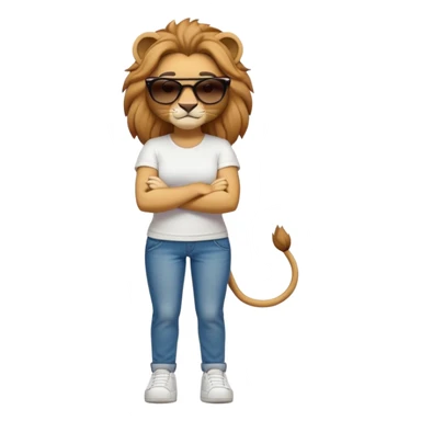 friendly anthropomorphised female lion character, full body, standing confidently with legs shoulder width apart and arms folded, wearing jeans, a white t-shirt, dark sunglasses, and trainers, with a determined expression sticker