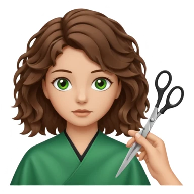 Girl with green eyes and brown wavy hair getting haircut with scissors sticker