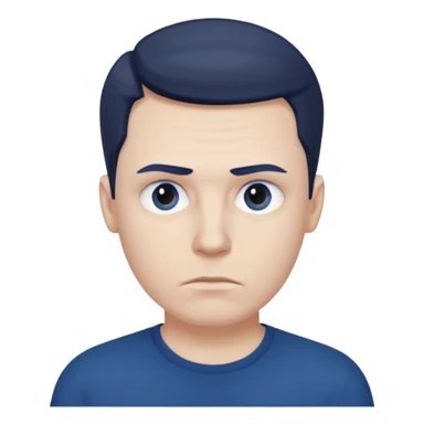 a white man in a dark blue t-shirt with a suspicious look sticker