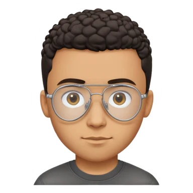 Young Latino man with small oval face and big forehead, clear lens aviator-style eyeglasses with metal frames, completely bald/shaved sides with very short curly dark hair only on top of head, neutral-friendly expression, brown skin, wearing a black t-shirt sticker