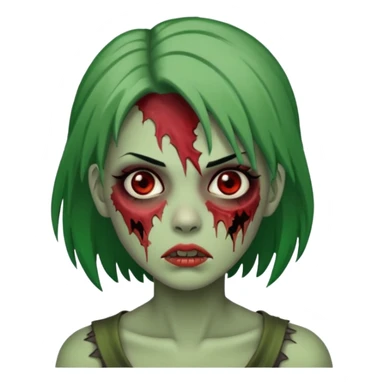 zumbi feminino com cortes no rosto, olhos baixos e vermelhos, cabelo preto e verde sticker