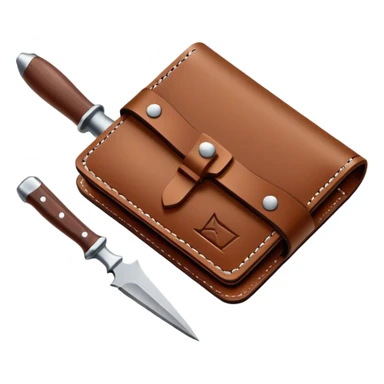 Leatherworking icon, piece of raw leather being crafted into a leather wallet or belt, professional tools like leather stitching awl, edge beveler, hammer, prying tool, minimalistic style, clean lines, transparent background. sticker