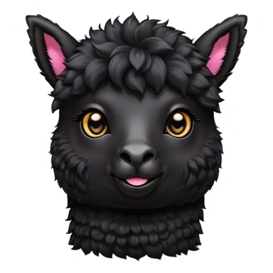 Cinematic Cute Black Alpaca Portrait Emoji, Head tilted playfully and inquisitively, featuring a plush, shiny jet-black fleece with a lustrous sheen, round, sparkling dark eyes filled with curiosity, Simplified yet irresistibly adorable features, highly detailed, glowing with a warm, friendly glow, high shine, affectionate and gentle, stylized with a touch of whimsy, bright and endearing, soft glowing outline, capturing the essence of a mischievous yet loving alpaca, so playful it feels like it could prance out of the screen and into your arms! sticker