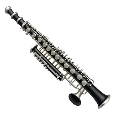 Create an emoji, representing a black standard clarinet. The design should feature a smooth, glossy black body of the clarinet with shiny, silver keys clearly visible. Highlight the intricate details of the mouthpiece and reed at the top, while the body of the instrument should remain simple and elegant. Add subtle musical notes or soundwaves floating around the instrument to symbolize its clear, melodic sound. Use black for the body, silver for the keys, and soft lighting effects to give the instrument a polished, sophisticated look. The background should be transparent. sticker