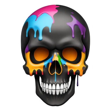 sleek black skull with colorful graffiti paint and brand logos contained within the skull shape, no drips extending beyond the skull outline, front view sticker