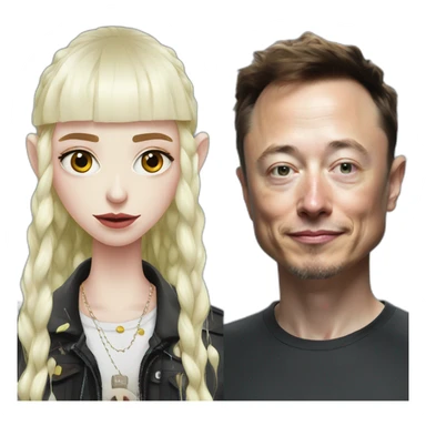 Grimes with drops of white goop on face, elon musk smirking, duo sticker