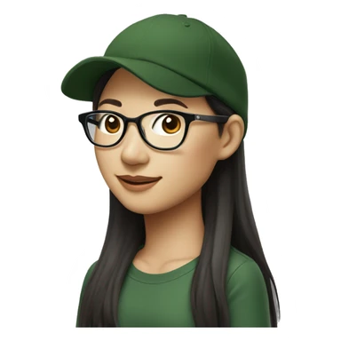 Hyper realistic, look from side, asian adult woman, light white skin, smiling with teeth, black eyes, spotted frame glasses, long brown straight hair with highlighted strands, black T-shirt, dark green cap. sticker