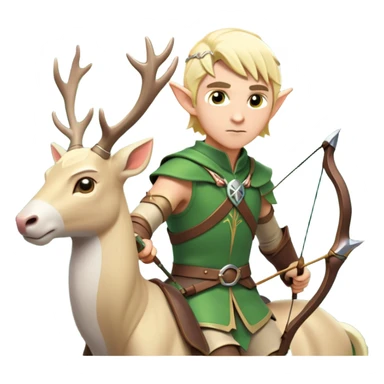 clash-of-clans-aesthetic-blond-male elf-archer-portrait-emoji, rendered in a flat, vector-style with minimal shading and bold, simplified shapes, head tilted slightly forward with a determined, focused expression, riding a majestic white stag whose antlers glow with mystical energy, set against an ancient, enchanted forest backdrop. sticker