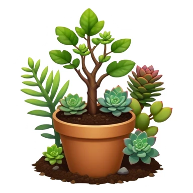 Close-up of a potted sapling in rich soil surrounded by vibrant plants and succulents. Bright sunlight filters through the window, casting soft shadows. Nearby gardening tools rest on a wooden table. Cozy indoor atmosphere with greenery and flowers. sticker