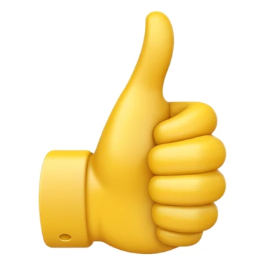 Apple-style 3D illustration of a single yellow emoji hand giving a thumbs up gesture, glossy and rounded, centered on a clean white background, soft shadow underneath, isolated and minimal design sticker