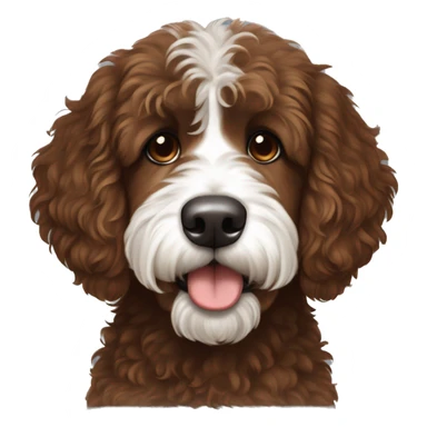 Bernedoodle with fringe over eyes, dark redish brown coat with white on the center o themuzzle sticker