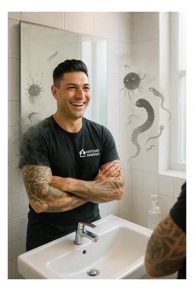 a man stands in a brightly lit bathroom, looking relieved and revitalized as he examines his reflection in the mirror. In the foreground, stylized, shadowy images of parasites (such as worms or protozoa) are shown leaving his body, dissolving into mist or fading away. His posture is upright and his expression is one of newfound energy and health. sticker