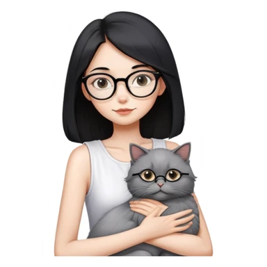 Skinny woman with oval glasses, shoulder length straight black hair, wearing white sleeveless top, hugging a grey Persian-Angora cat, plain background sticker