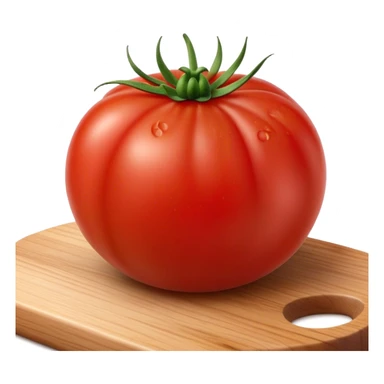 Cinematic juicy ripe tomatoe, deep red, slightly dewy, arranged on a wooden cutting board, soft glowing background, rich and flavorful. sticker