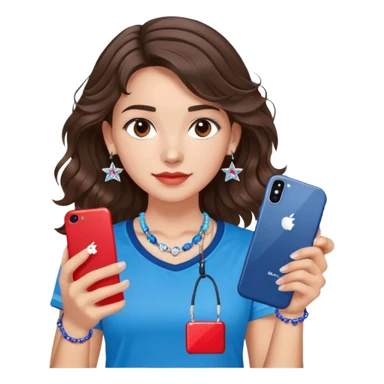 brunette girl with wavy medium length hair, brown eyes, light/medium skin tone, holding iPhone and light phone, wearing red Adidas t-shirt, small silver hoop earrings with blue gem stars, and a different colorful beaded charm necklace sticker