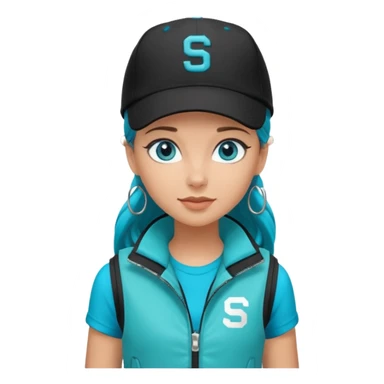 A landscaper in a beautiful turquoise jacket, turquoise rubber boots, and black pants. Over the turquoise jacket, she wears a black sleeveless vest. On her head, she wears a black Swissotel baseball cap. The girl is a brunette with blue eyes. sticker