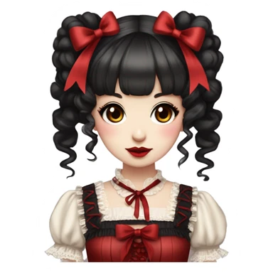 Japanese pale woman with dark drown curly pigtails and bangs, red lips and eyeshadow, long eyelashes, brown eyes, red Lolita dress with laces and ribbons, gothic Lolita doll look sticker