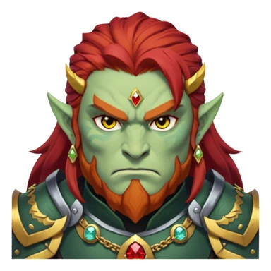 Ganondorf, Legend of Zelda, pale green skin, golden irises, black pupils, long layered red hair, short thick red beard, no mustache, thick red eyebrows connecting to hair, scowling, angry, stoic, dark armor, demon armor, forehead jewelry, topaz jewel on forehead sticker
